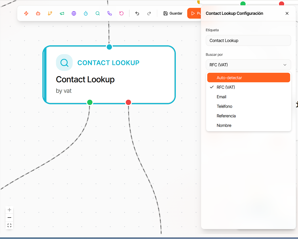 Configuración del nodo Contact Lookup con el dropdown de búsqueda