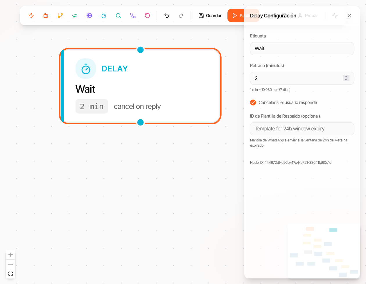 Configuración del nodo Delay con "Cancel if user replies" activo