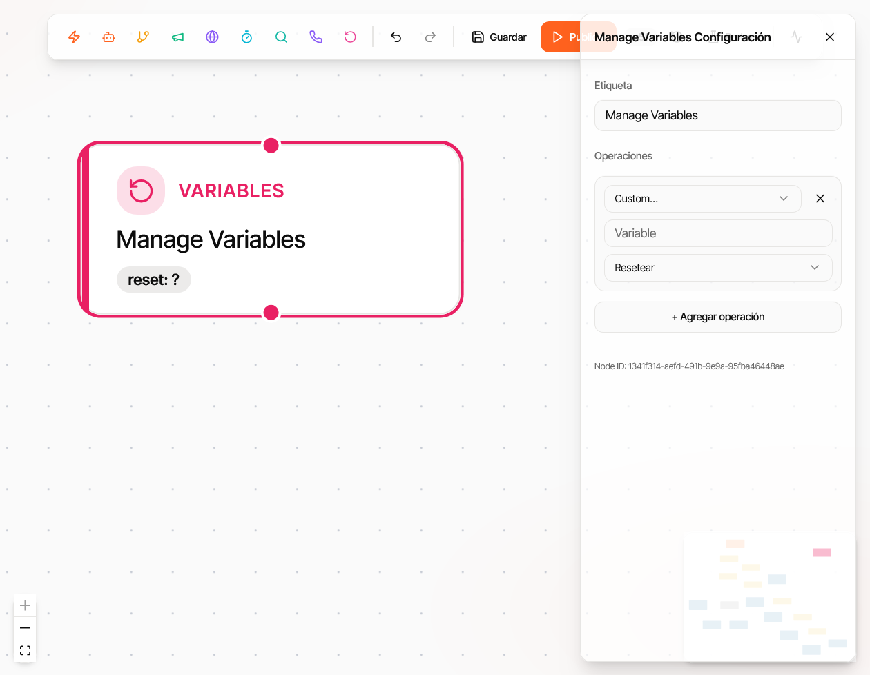 Configuración del nodo Manage Variables con operaciones de reset y custom