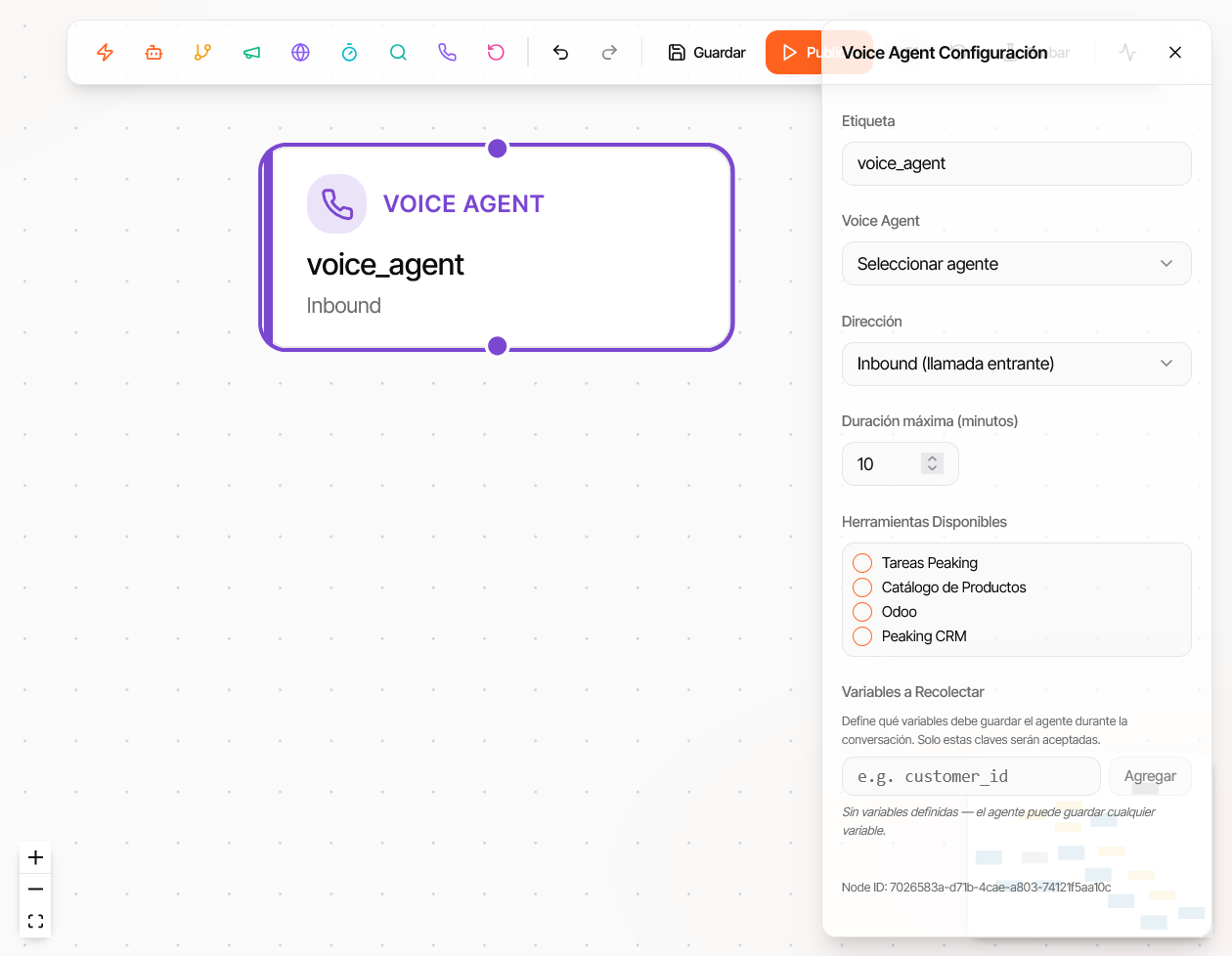 Configuración del nodo Voice Agent — agente, dirección y duración máxima