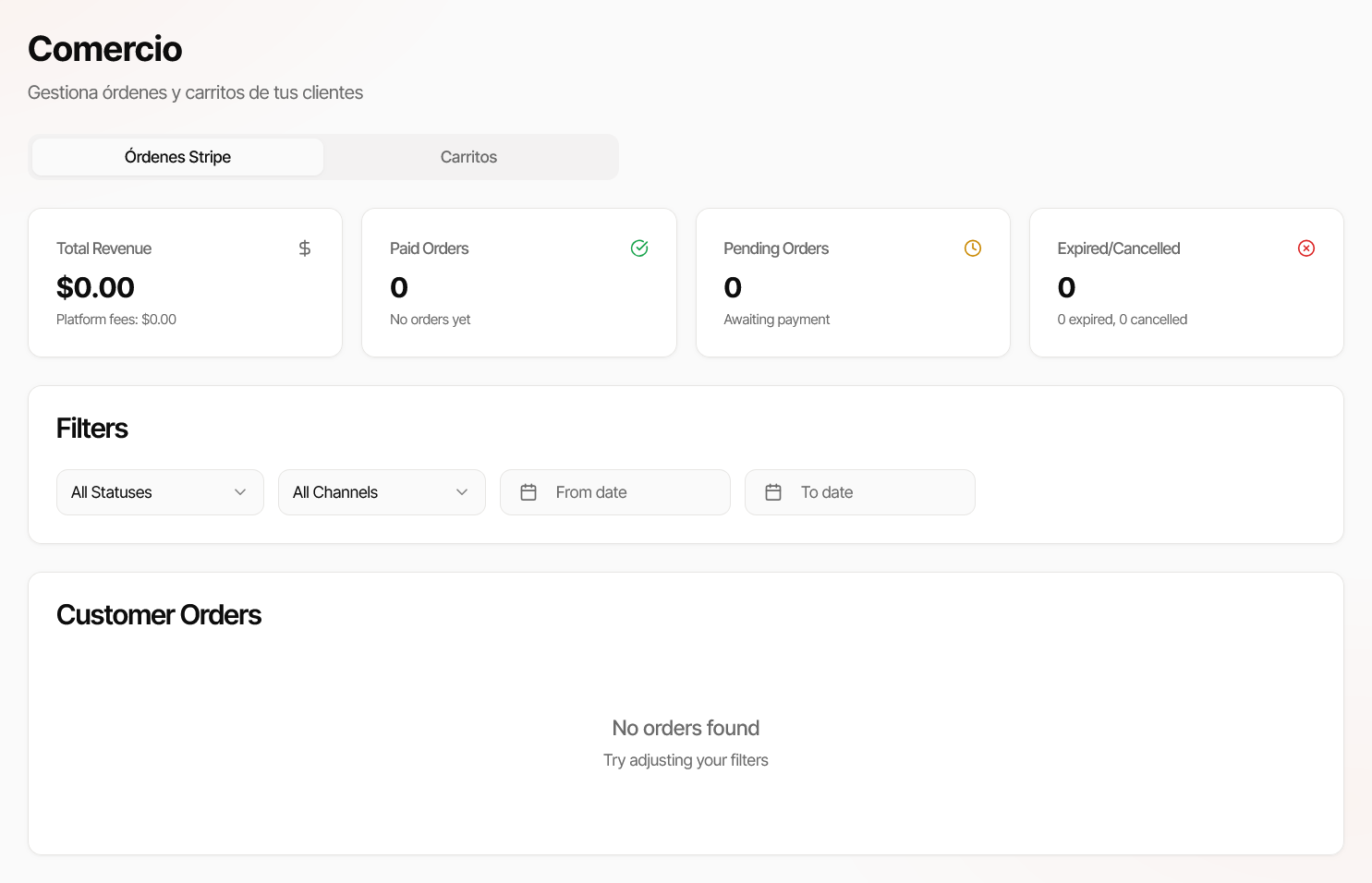 Vista de Órdenes Stripe con KPIs de revenue y tabla de Customer Orders
