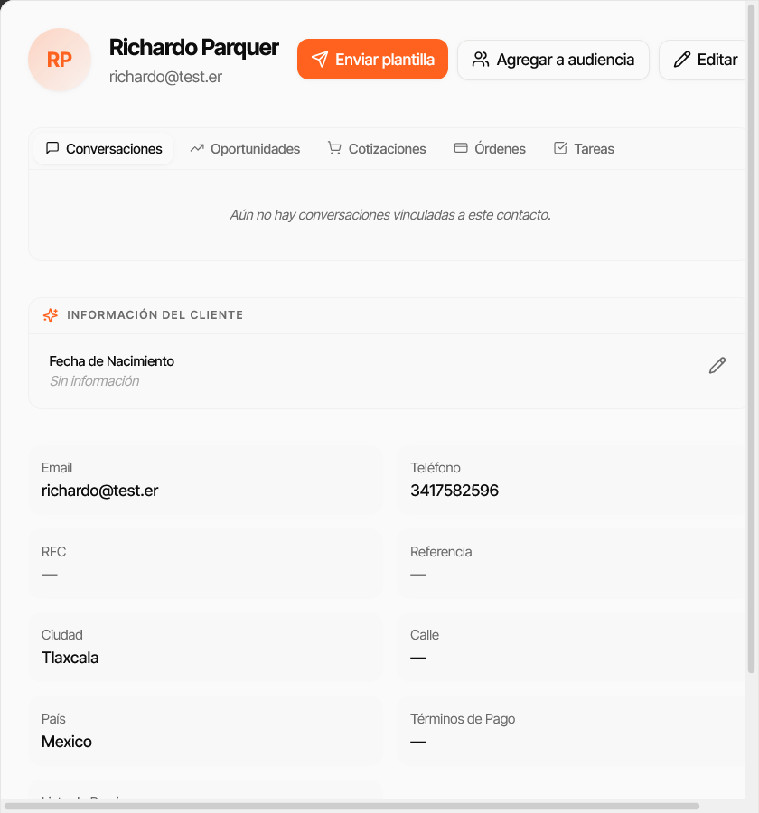 Ficha de contacto con pestañas de historial y acciones