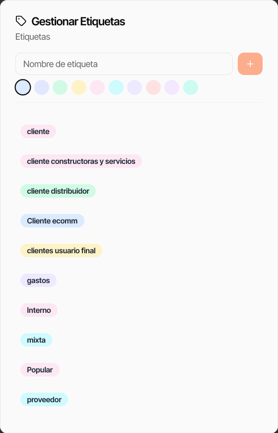 Panel de gestión de etiquetas de contactos