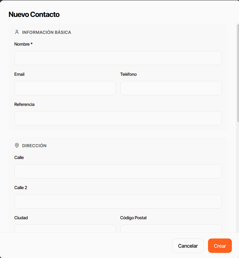 Formulario de nuevo contacto con campos de información básica y dirección