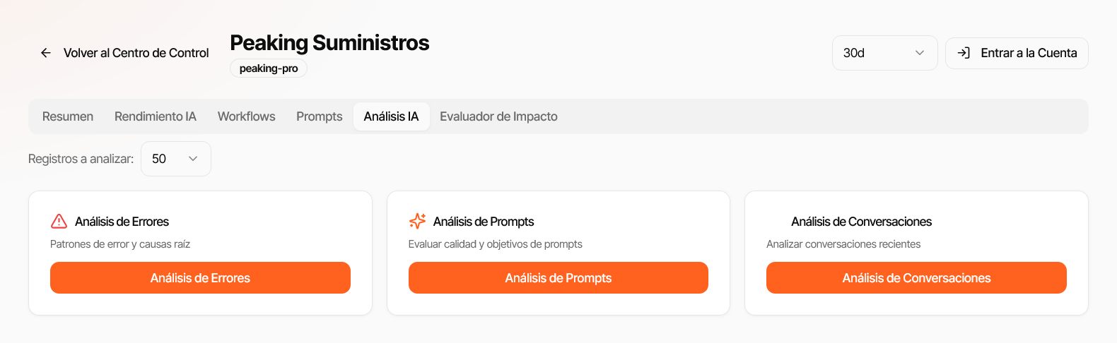 Panel de Análisis IA con tres herramientas de diagnóstico