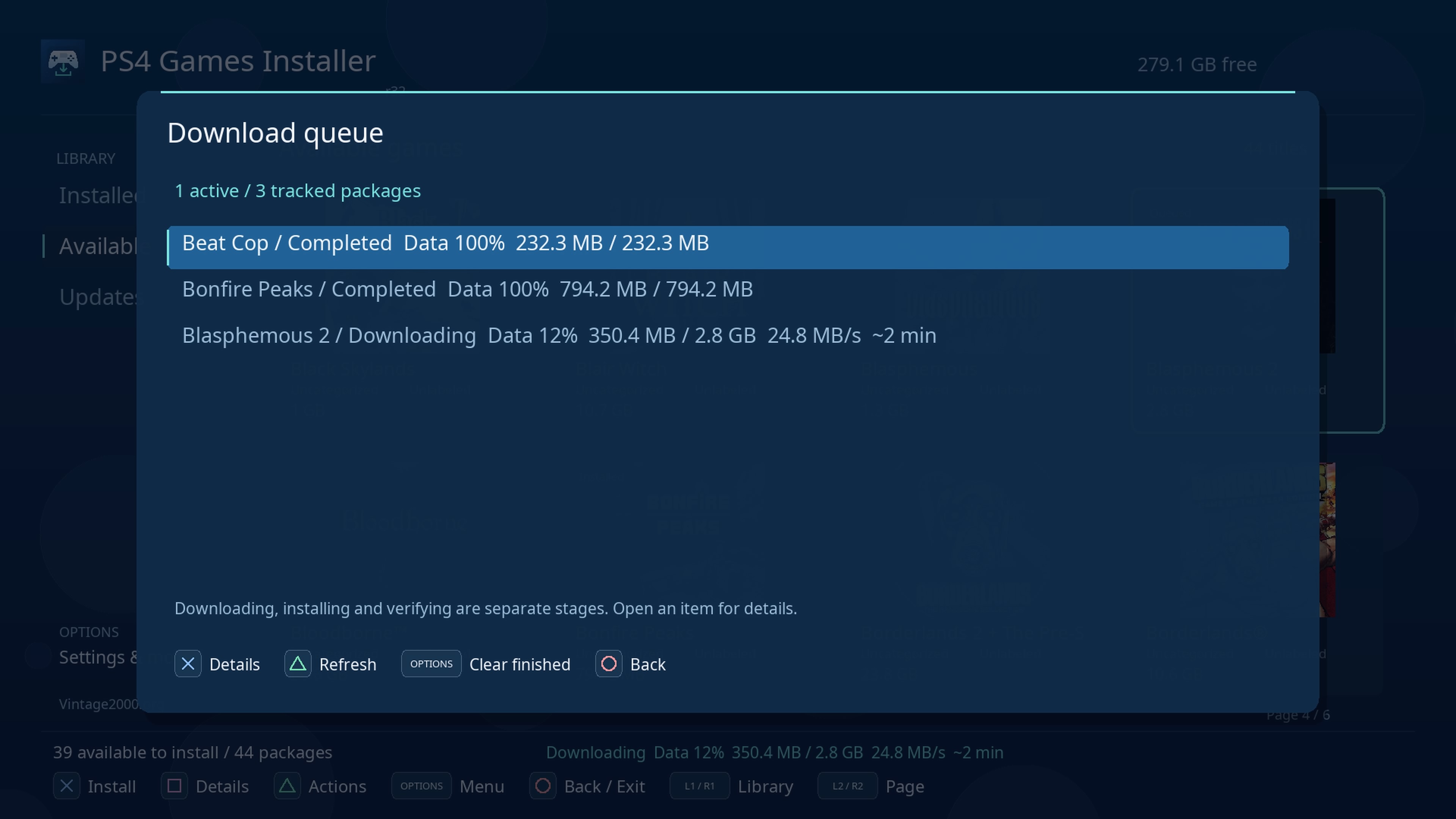 Completed installations and active downloads