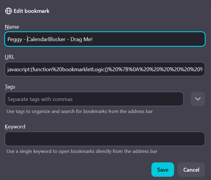 screenshot of editting the bookmark to call it Peggy