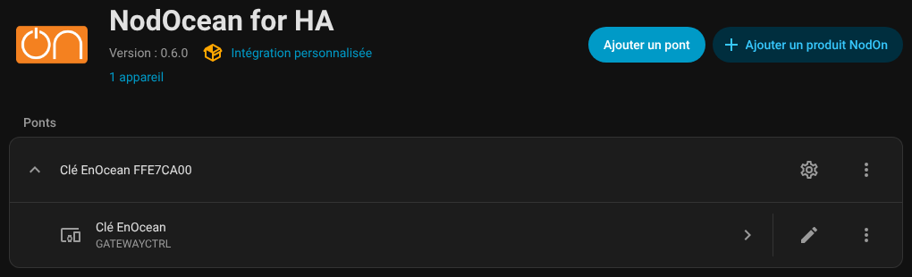 Icône Configurer sur la ligne de la clé EnOcean