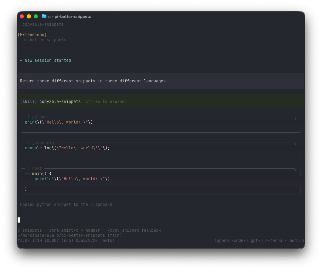 Pi TUI showing the snippet picker