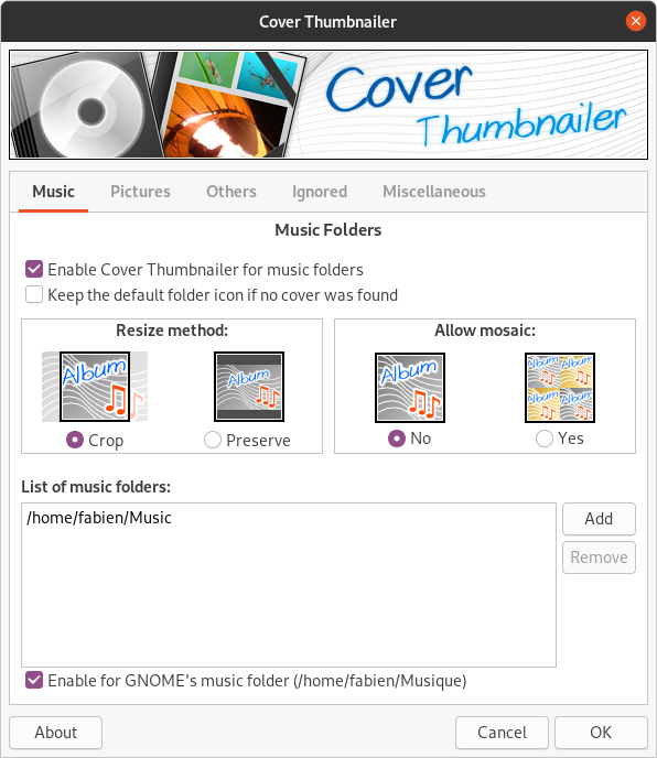 Screenshot of Cover Thumnailer configuration tool