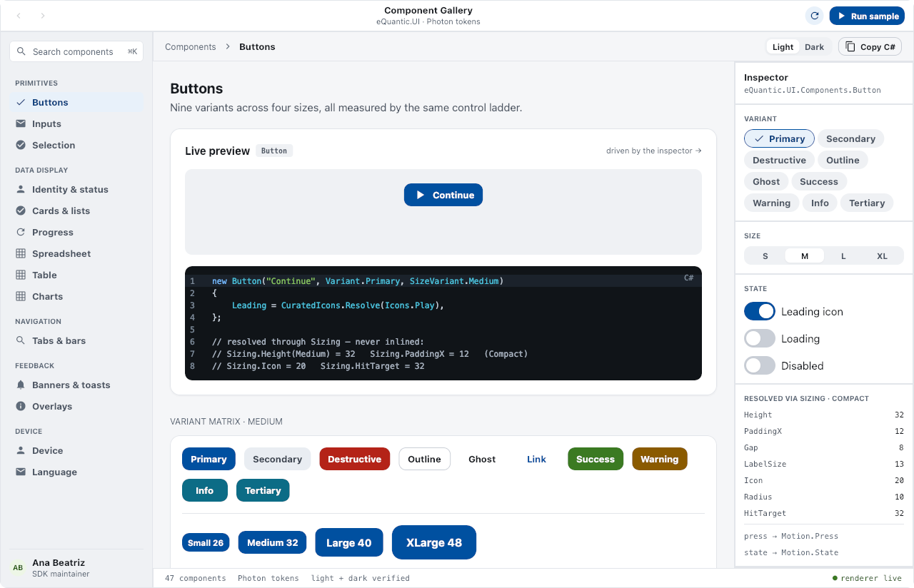 The component gallery's buttons, in the light theme