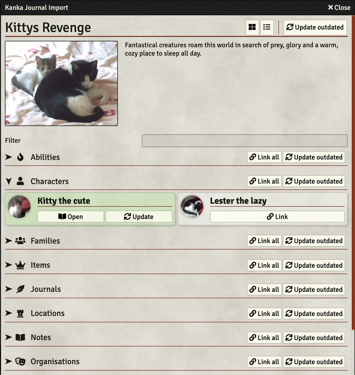 Screenshot of the kanka browser from which entries can be imported.
