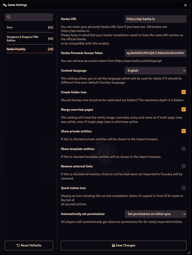 Screenshot of the settings view.