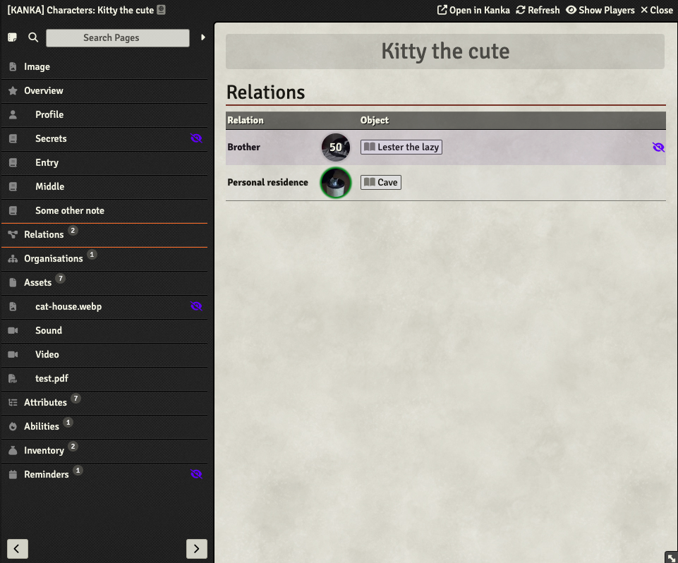 Screenshot of the relation tab of a character after importing it.