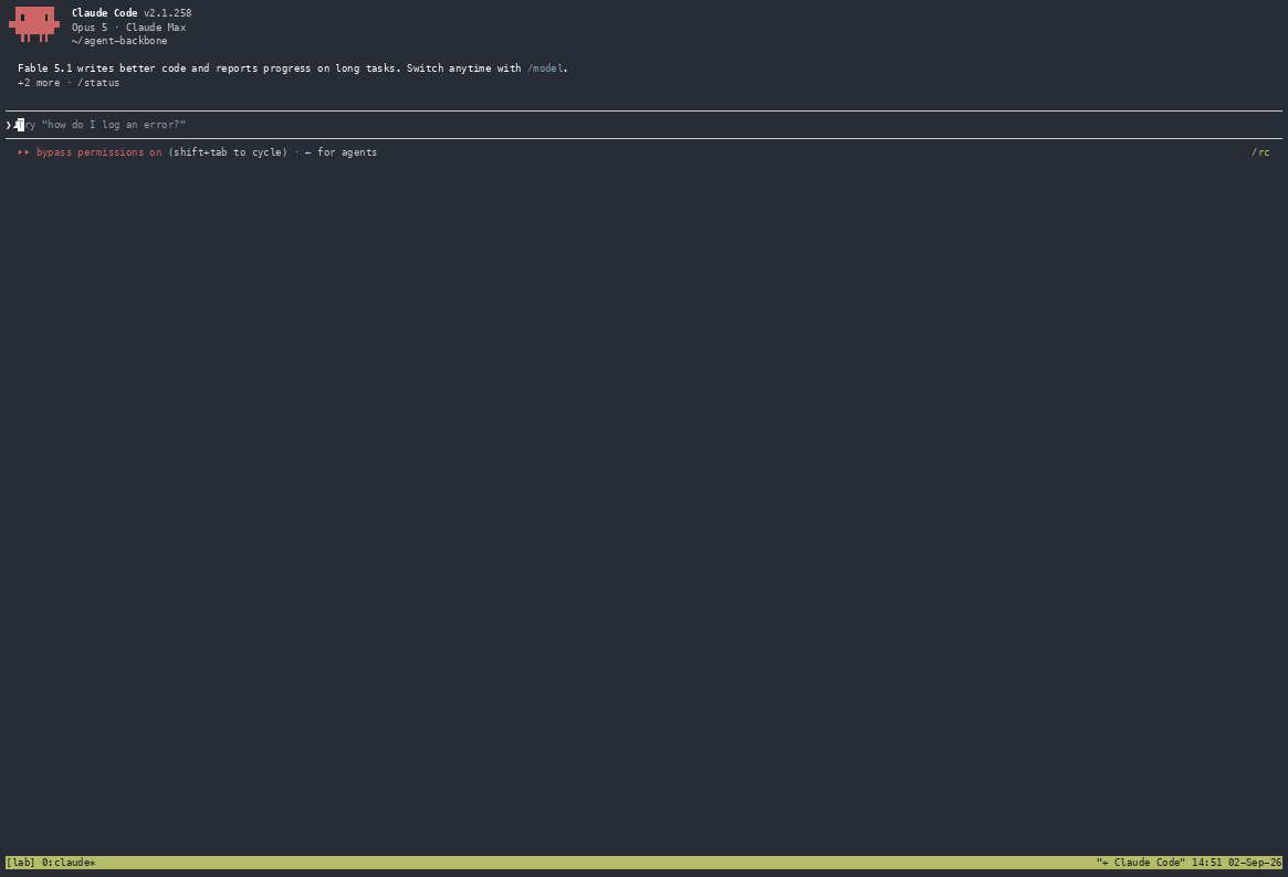 An agent installs agent-backbone from PyPI, sets it up, starts a Claude Code agent and an OpenCode agent, splits the terminal to show them, and has them review each other's work
