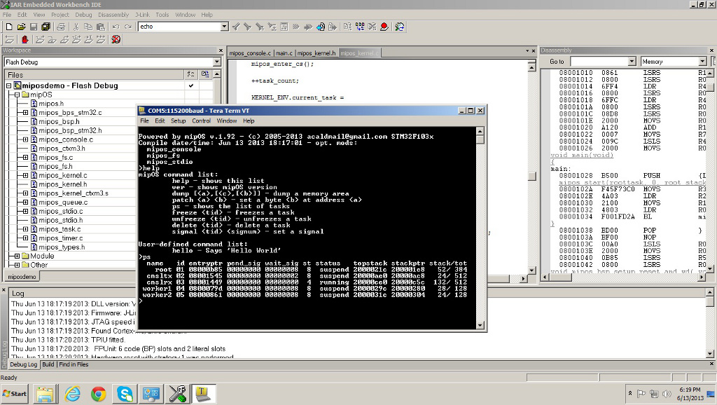 mipOS running in a evaluation board