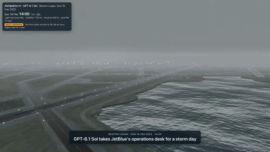 GPT-6.1 Sol runs JetBlue's Boston operations desk through the storm of 16 February 2025 on AgentEnv, watch by watch over the Terminal C apron at Logan: at each watch the desk shows the FAA's and the weather's news and what it did, the departures board updates, aircraft push back and land in the rain into the night, then the day's score