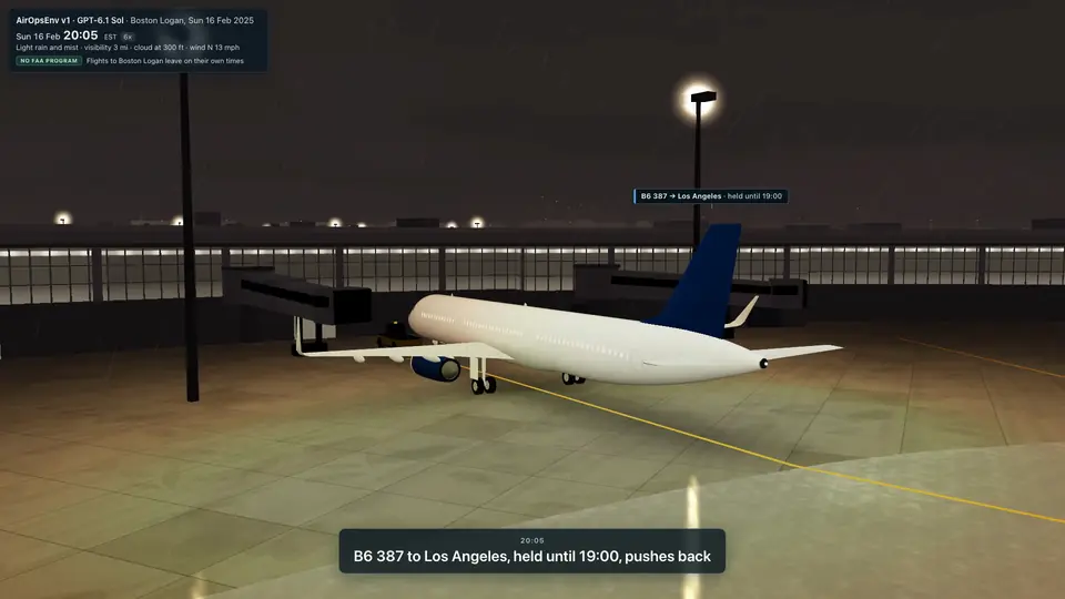 GPT-6.1 Sol's run of JetBlue's Boston operations desk through the storm of 16 February 2025, replayed in 3D at Logan