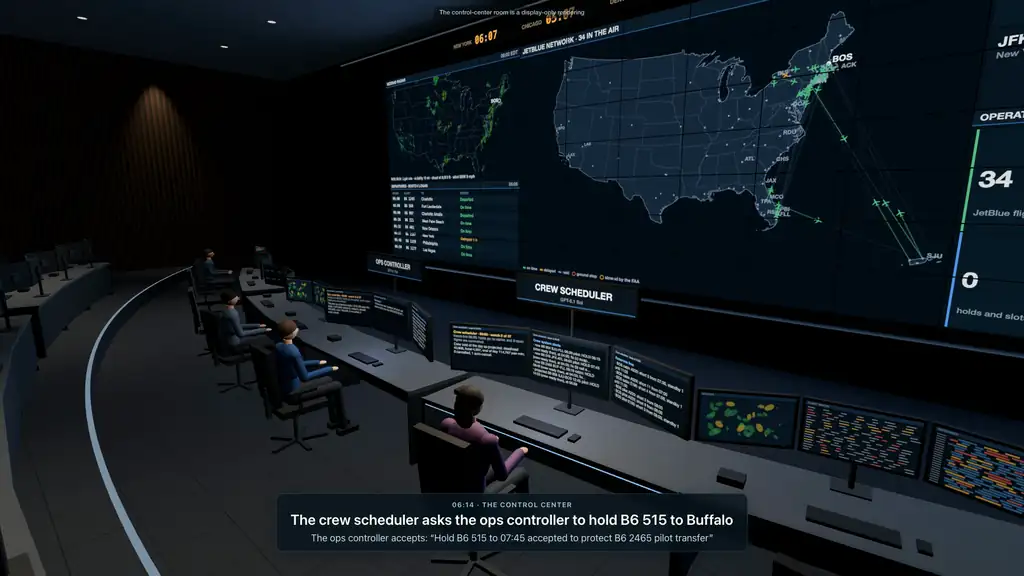 Two GPT-6.1 Sol desks run JetBlue's operations control center through the Boston storm of 13 July 2024 on AgentEnv: the control-center room, where requests pass between the ops controller and the crew scheduler, and Logan in 3D, where crews walk to their gates and held flights leave