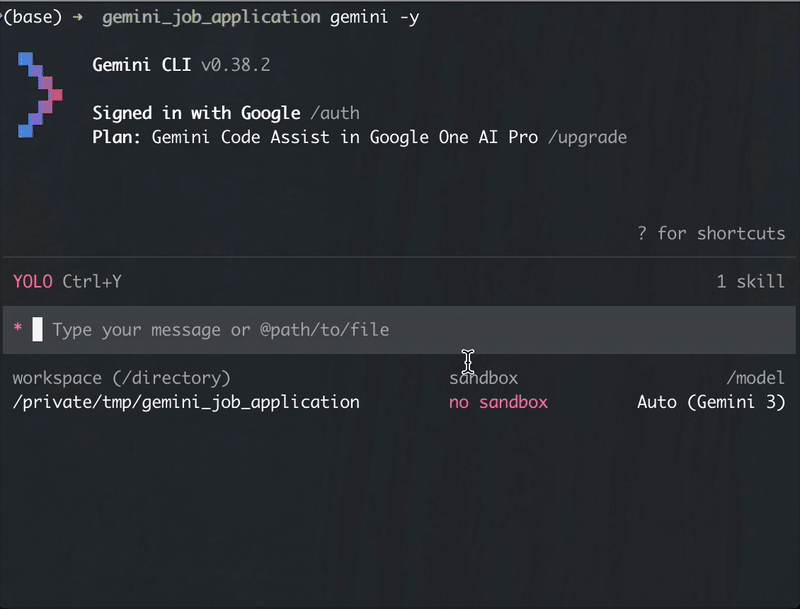 resumasher running: terminal walkthrough from /resumasher job.md through fit assessment, tailor, placeholder fill, and PDF render