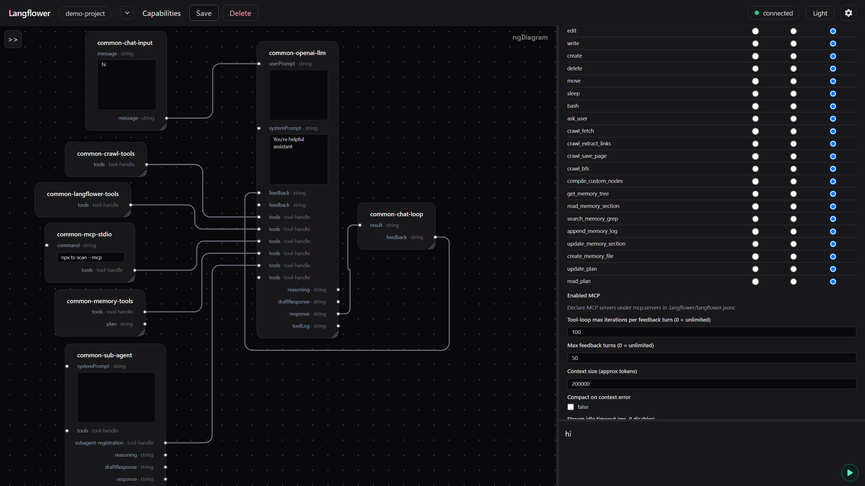 Crawl, Langflower, Memory, and MCP tools plus a sub-agent on one agent, with a chat loop and tool permissions open