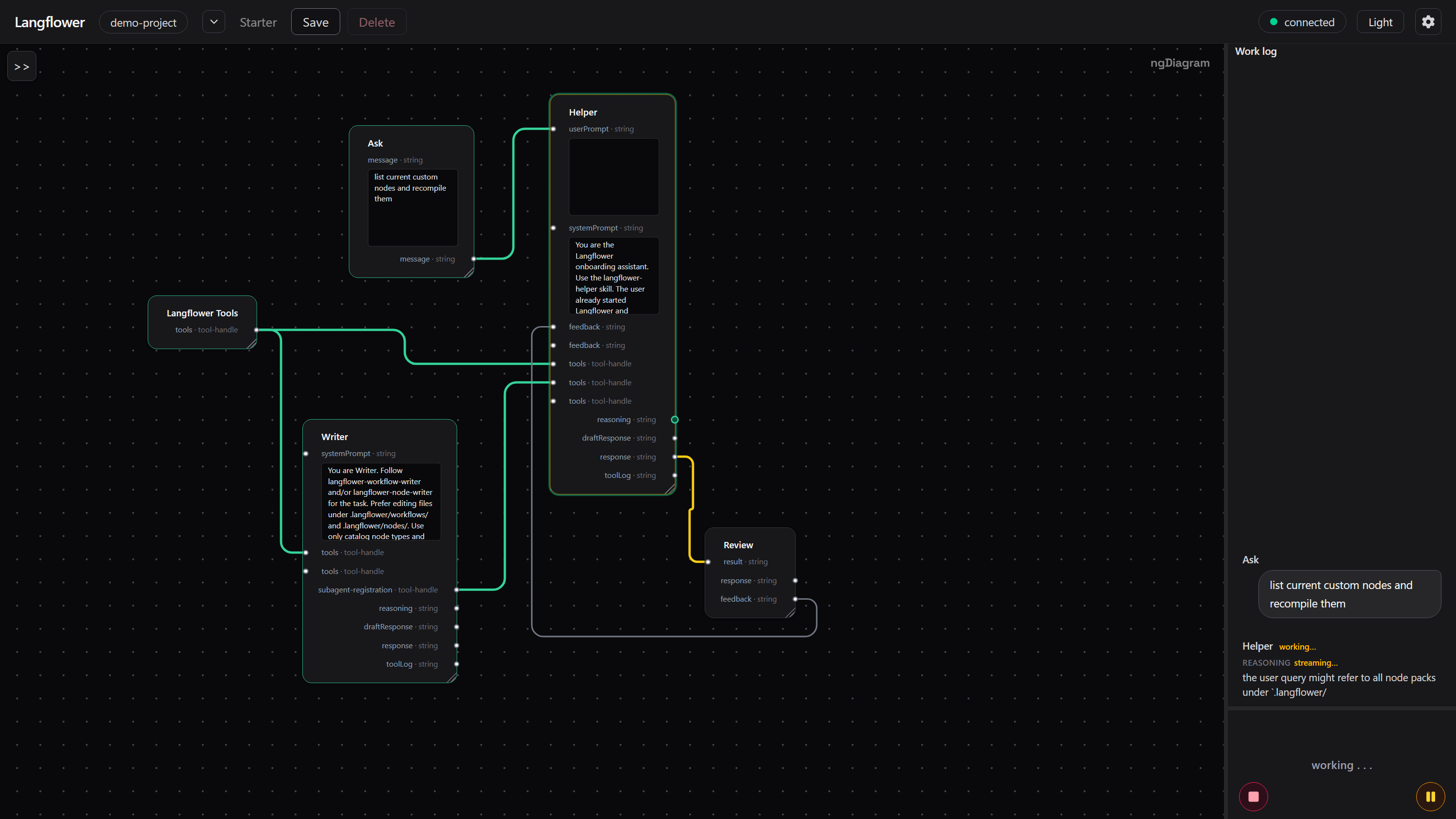 Helper streaming reasoning in the Work log, with reasoning, draftResponse, toolLog, and response on the node