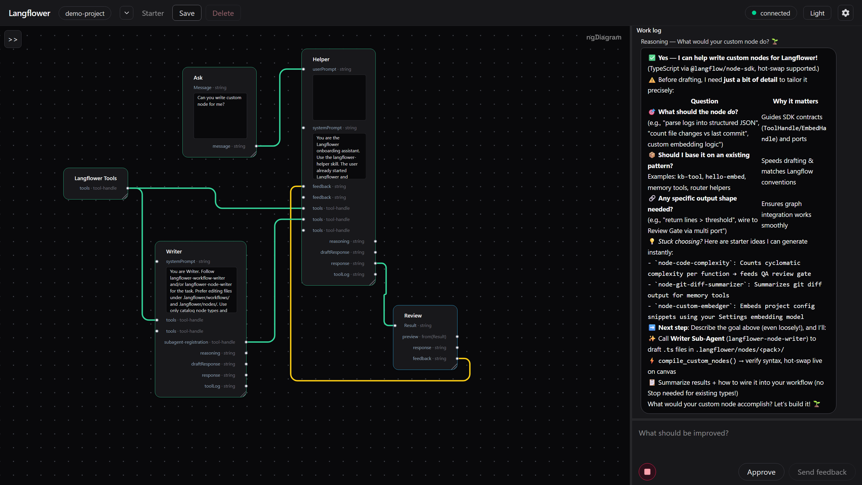 Running Starter workflow: green and yellow edges beside the Work log