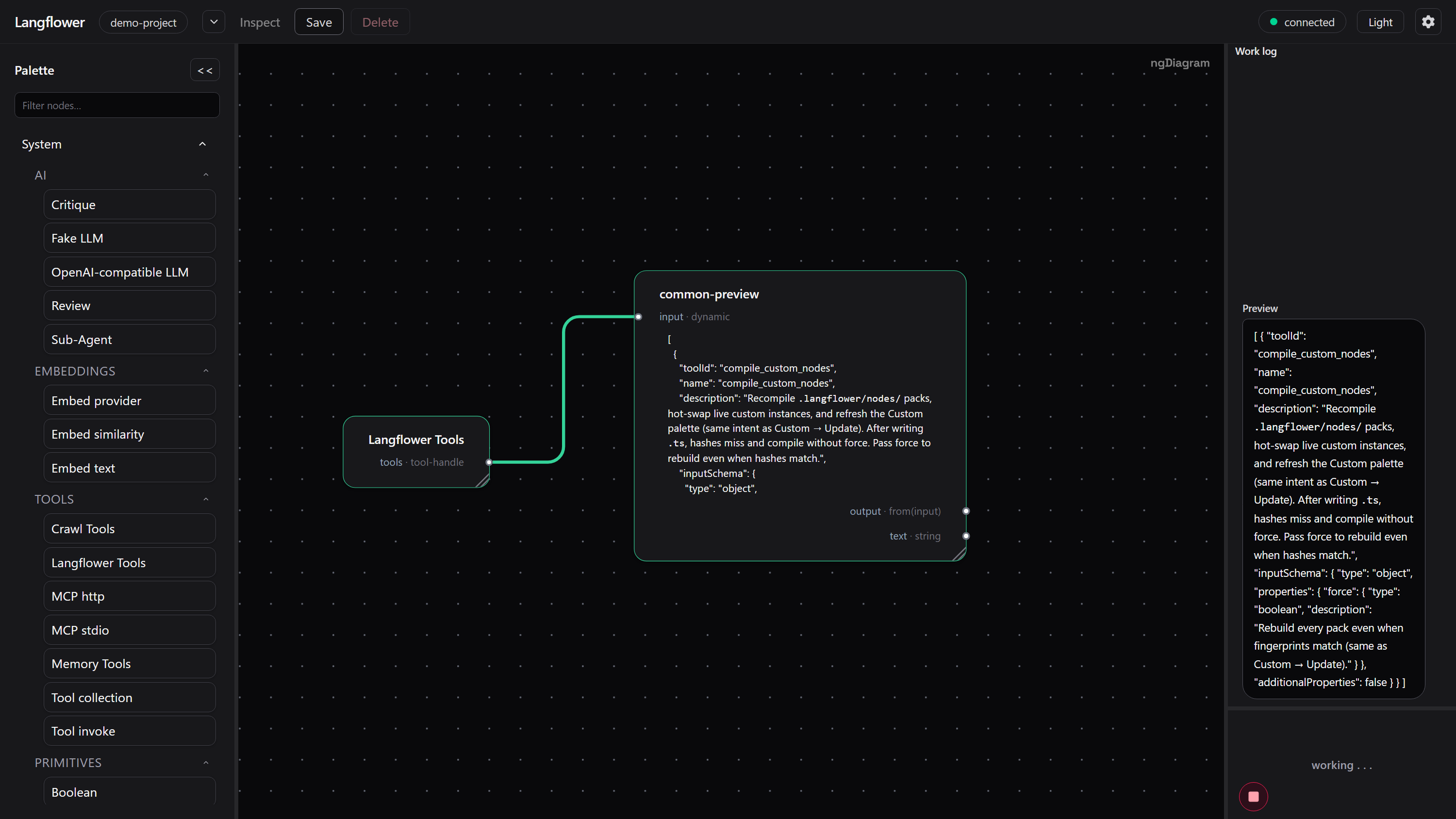 Preview node showing the Langflower Tools payload, with the same value in the Work log