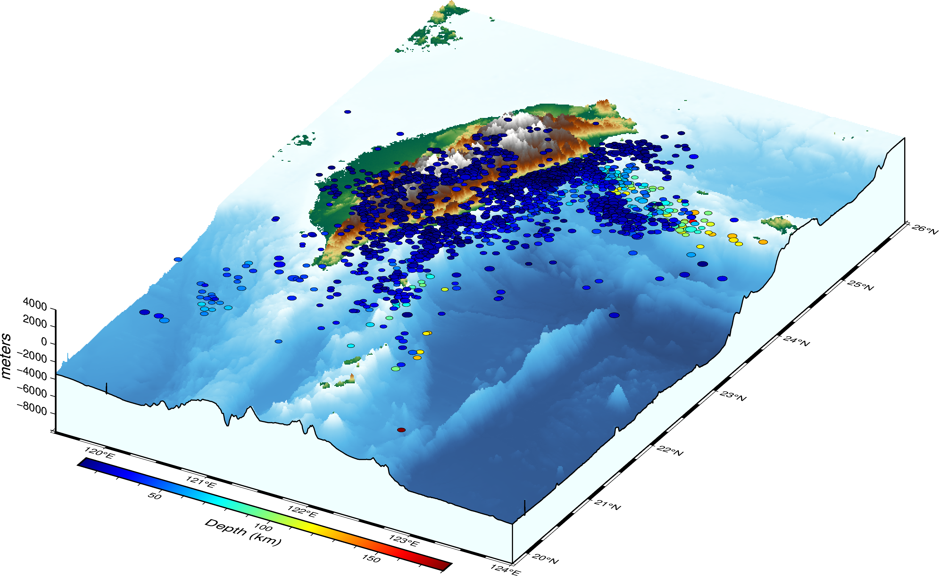 Three dimensional map of Taiwan with overlayed earthquake data