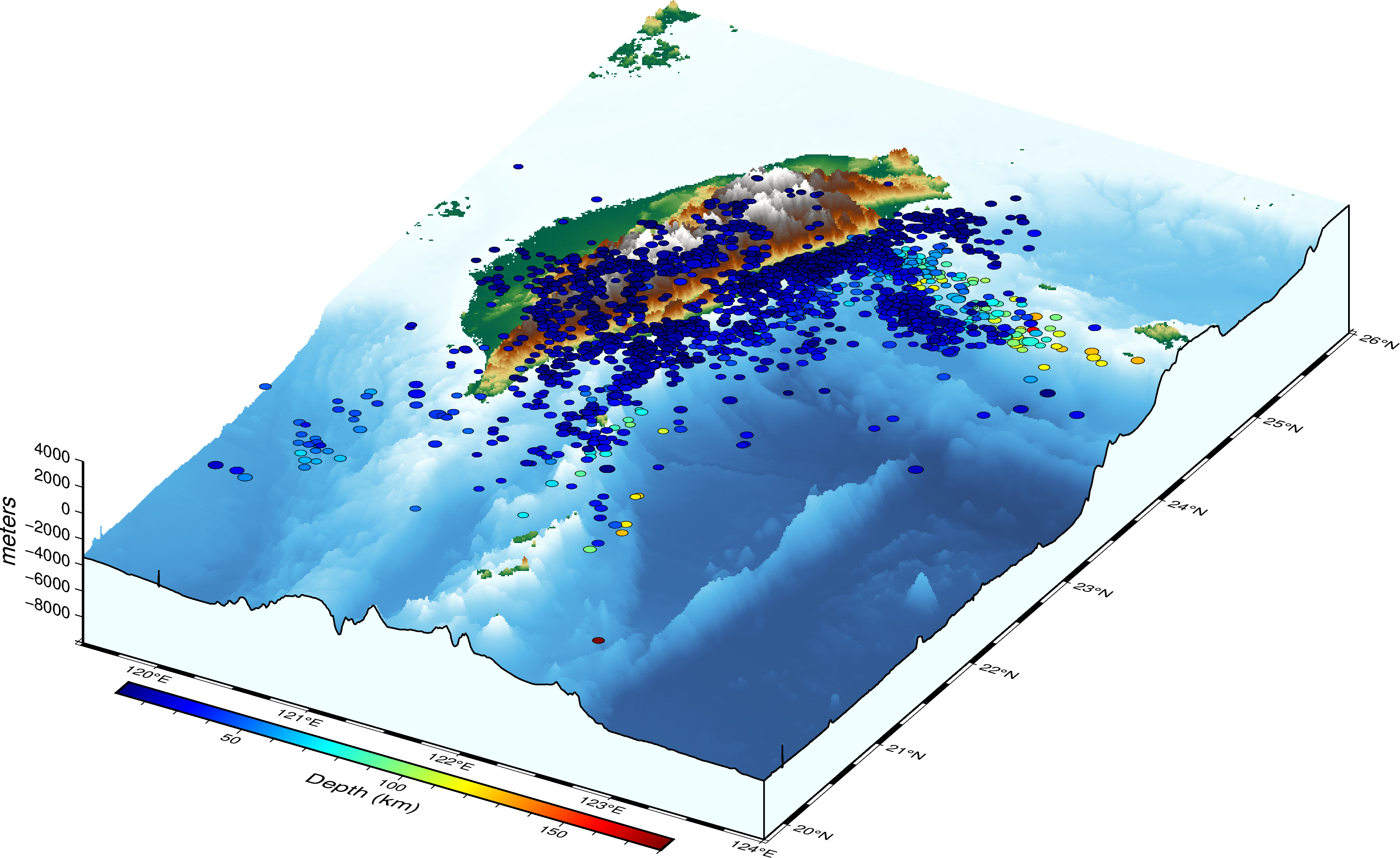 How to plot earthquakes data on a three-dimensional topographic map ...