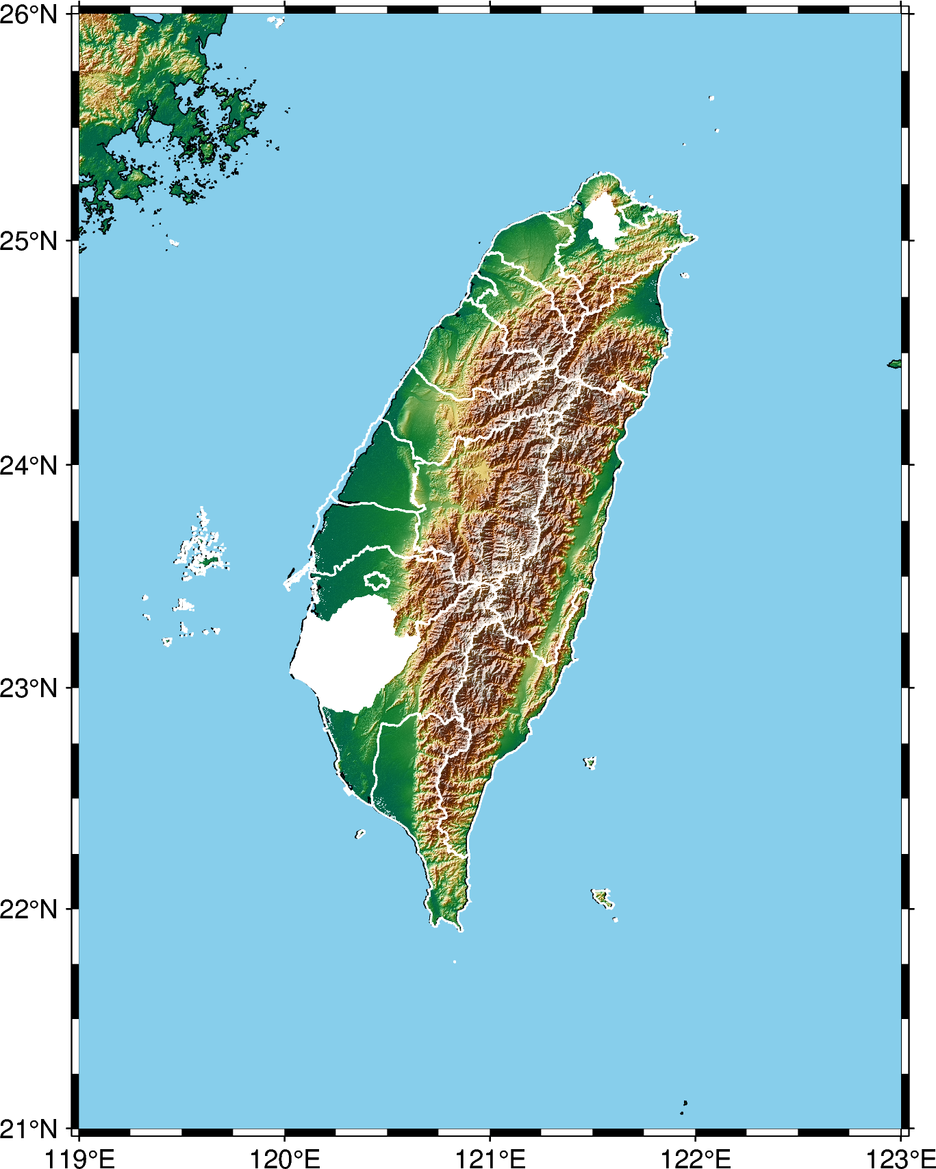 Topographic Map of Taiwan with counties