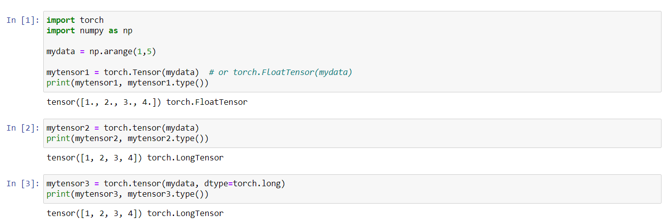 Create different tensors in Pytorch