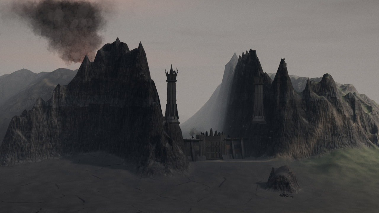 The Black Gate between the Towers of the Teeth, Mount Doom's plume beyond