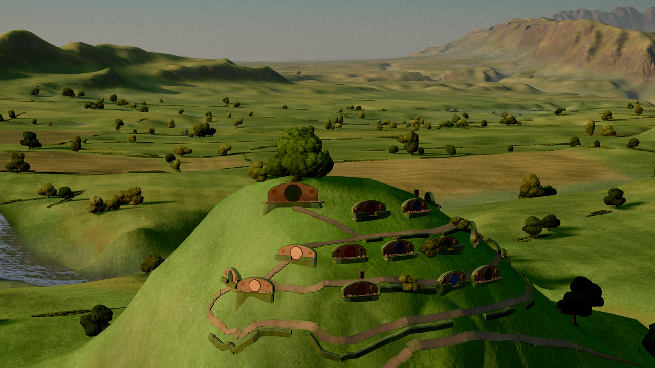 Hobbiton in late-afternoon light