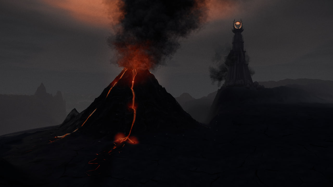 Mount Doom with its plume and lava flows, Barad-dûr beyond