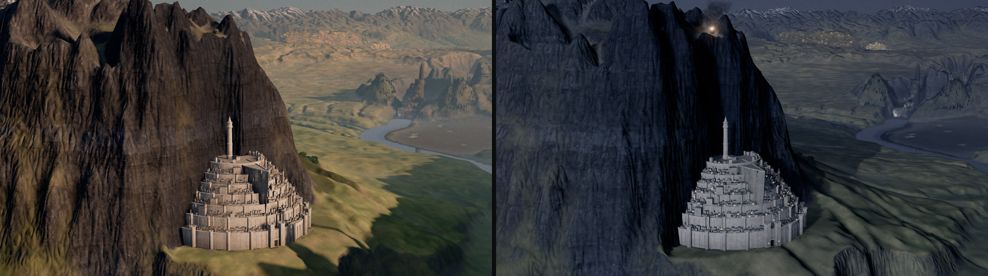 Minas Tirith in the early morning and with the beacon lit