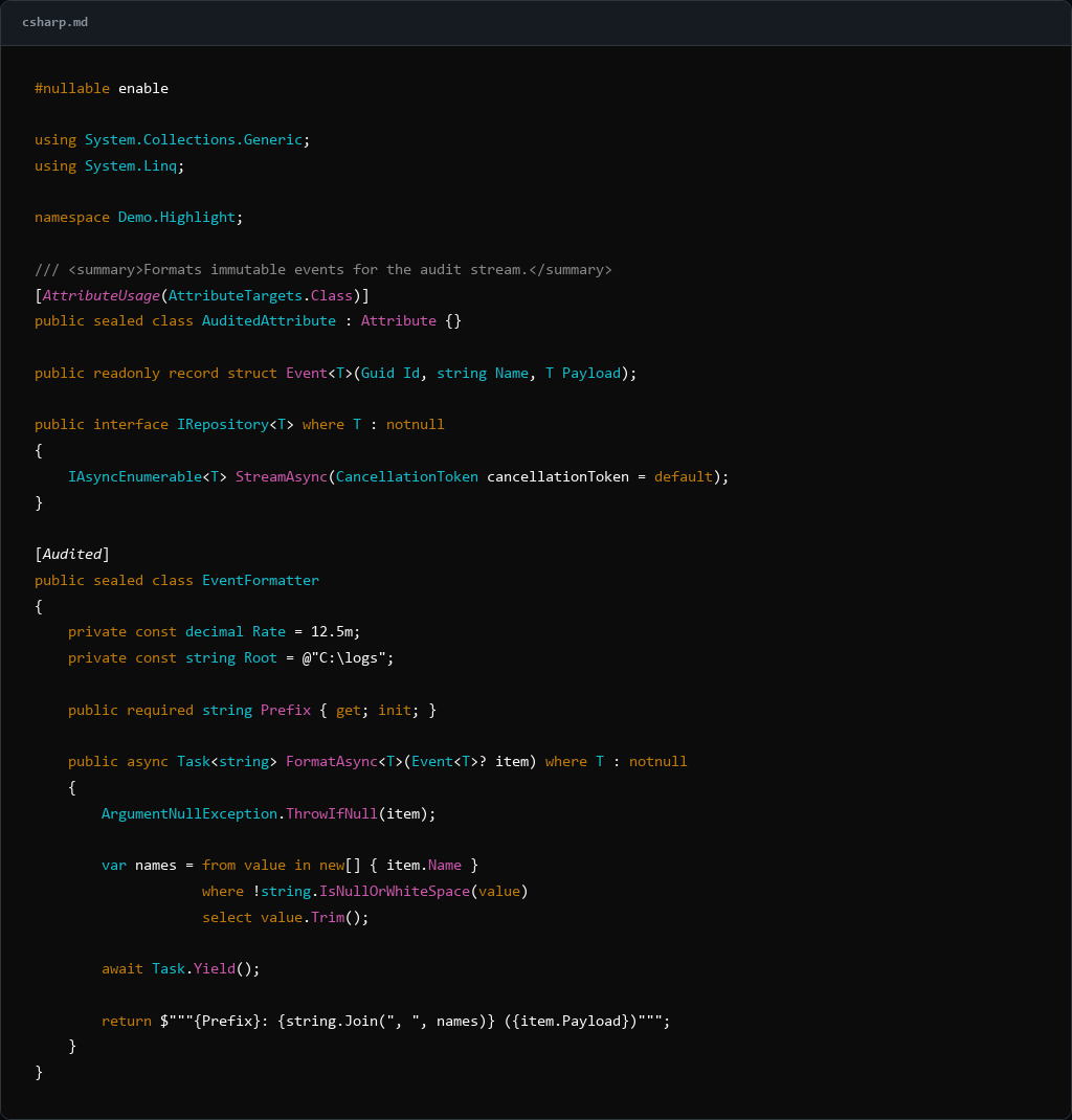 C# highlighting in dark mode