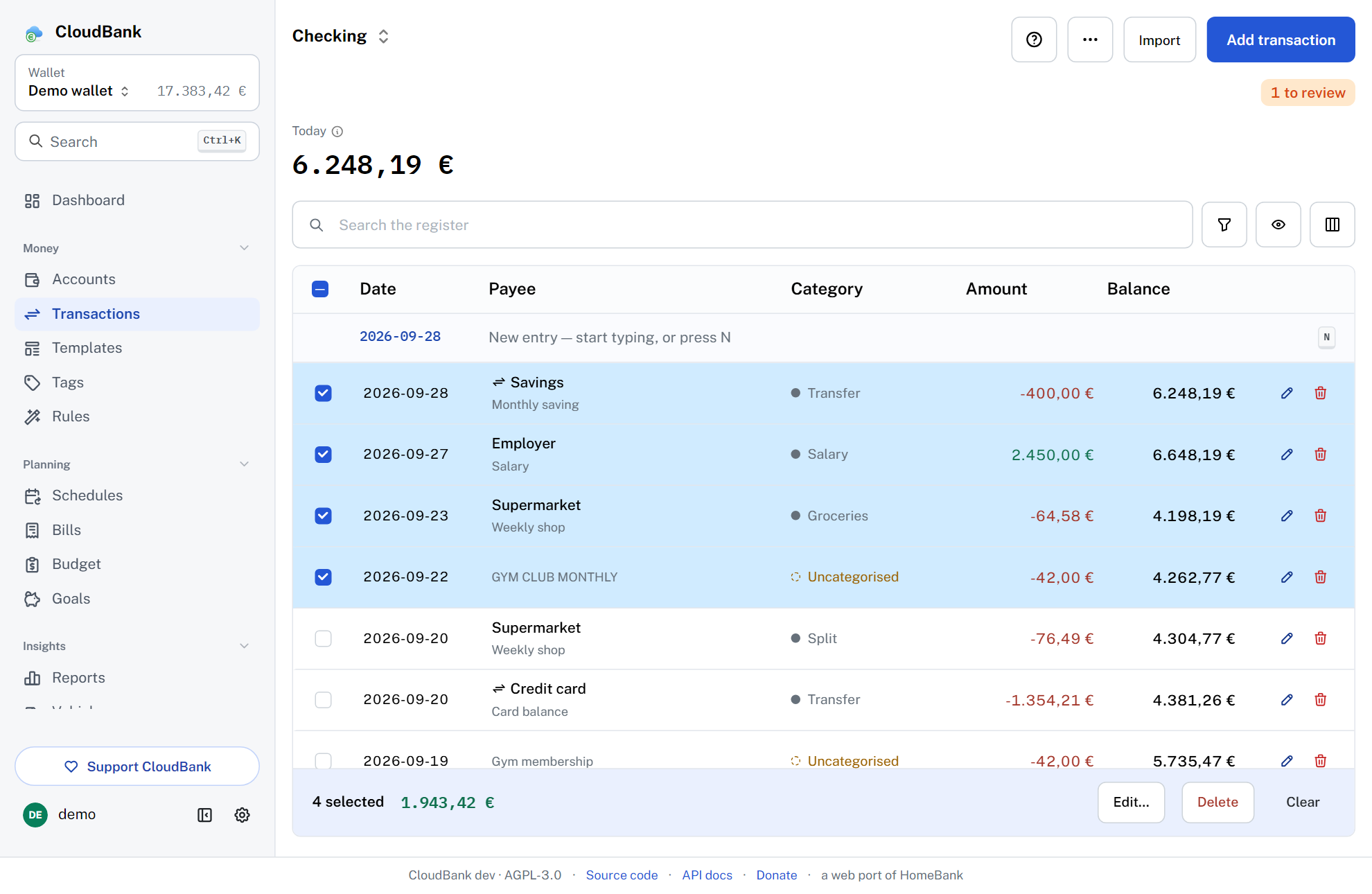 Bulk actions in the register