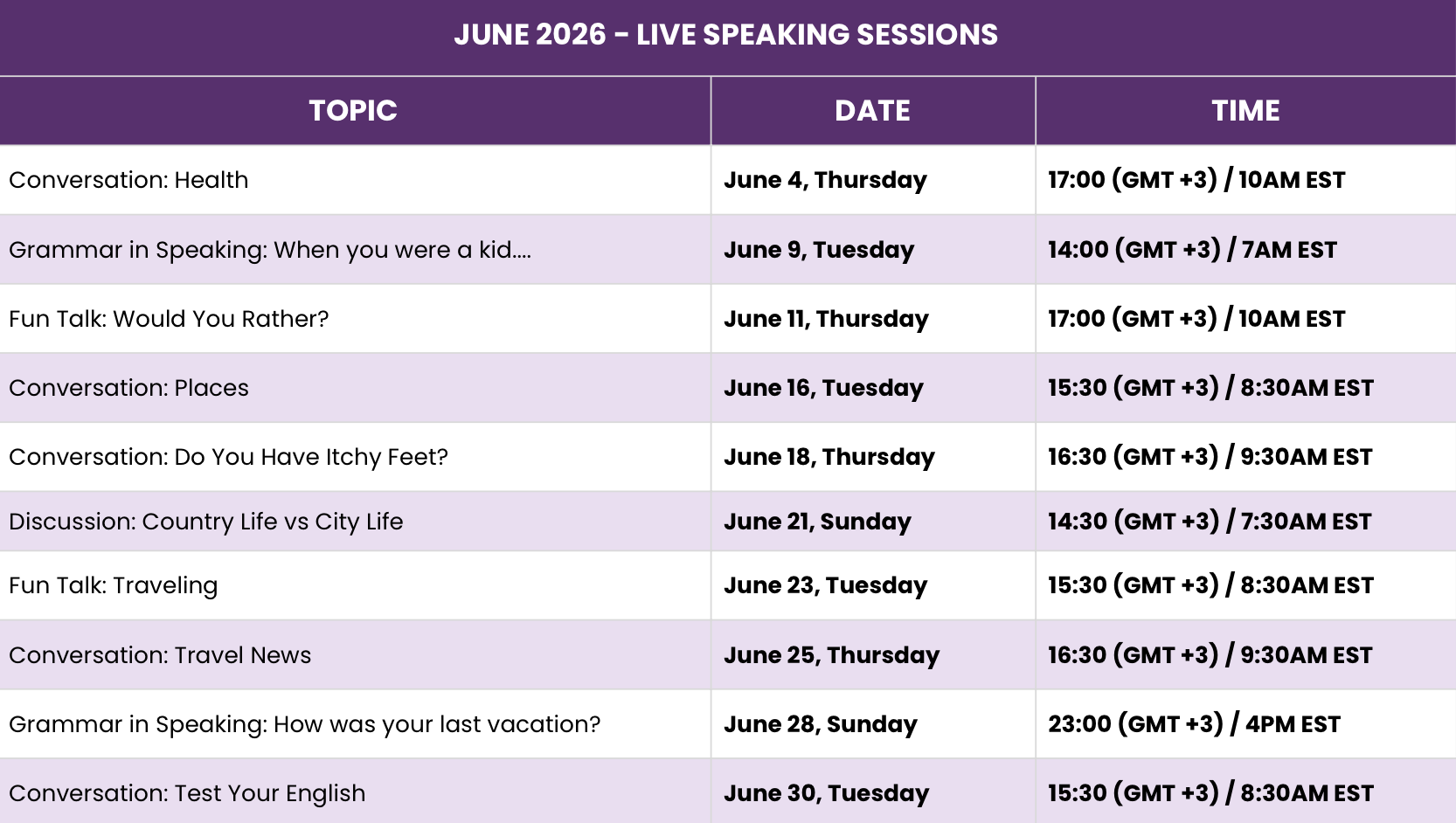 Live speaking session schedules