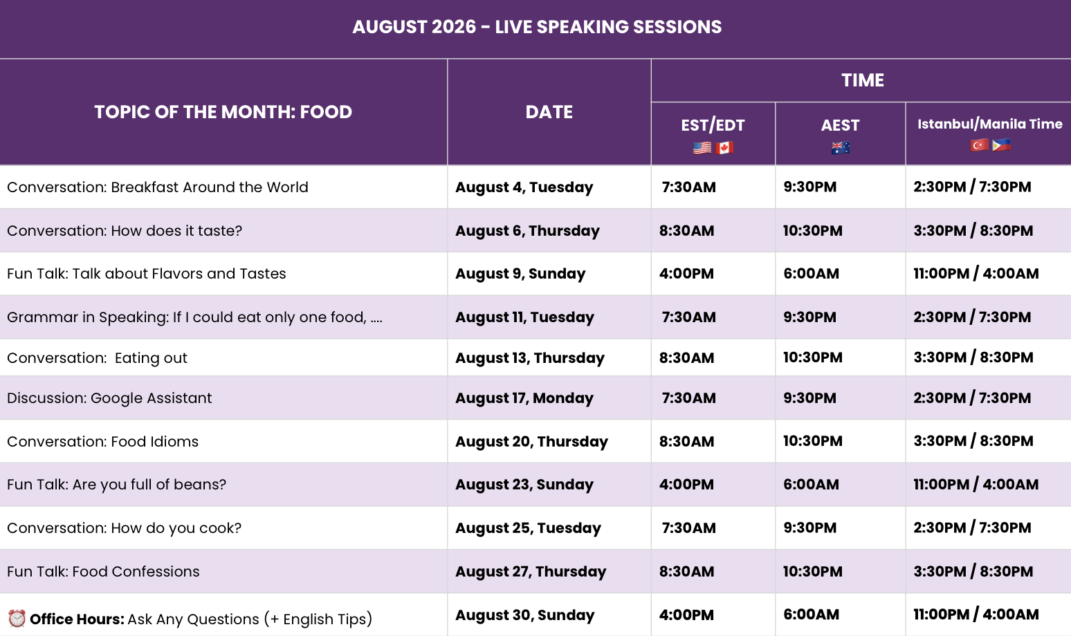 Live speaking session schedules