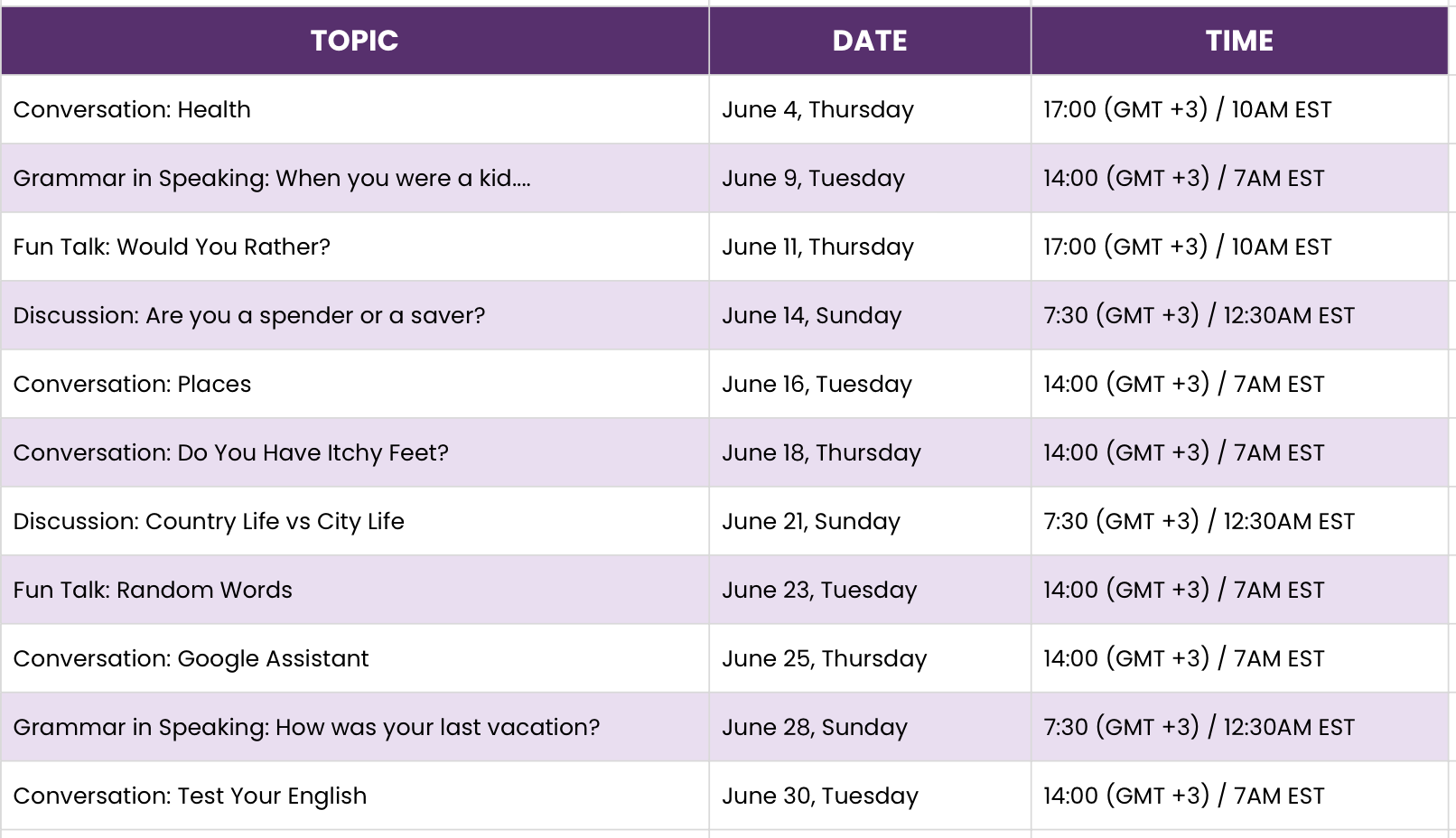 Live speaking session schedules