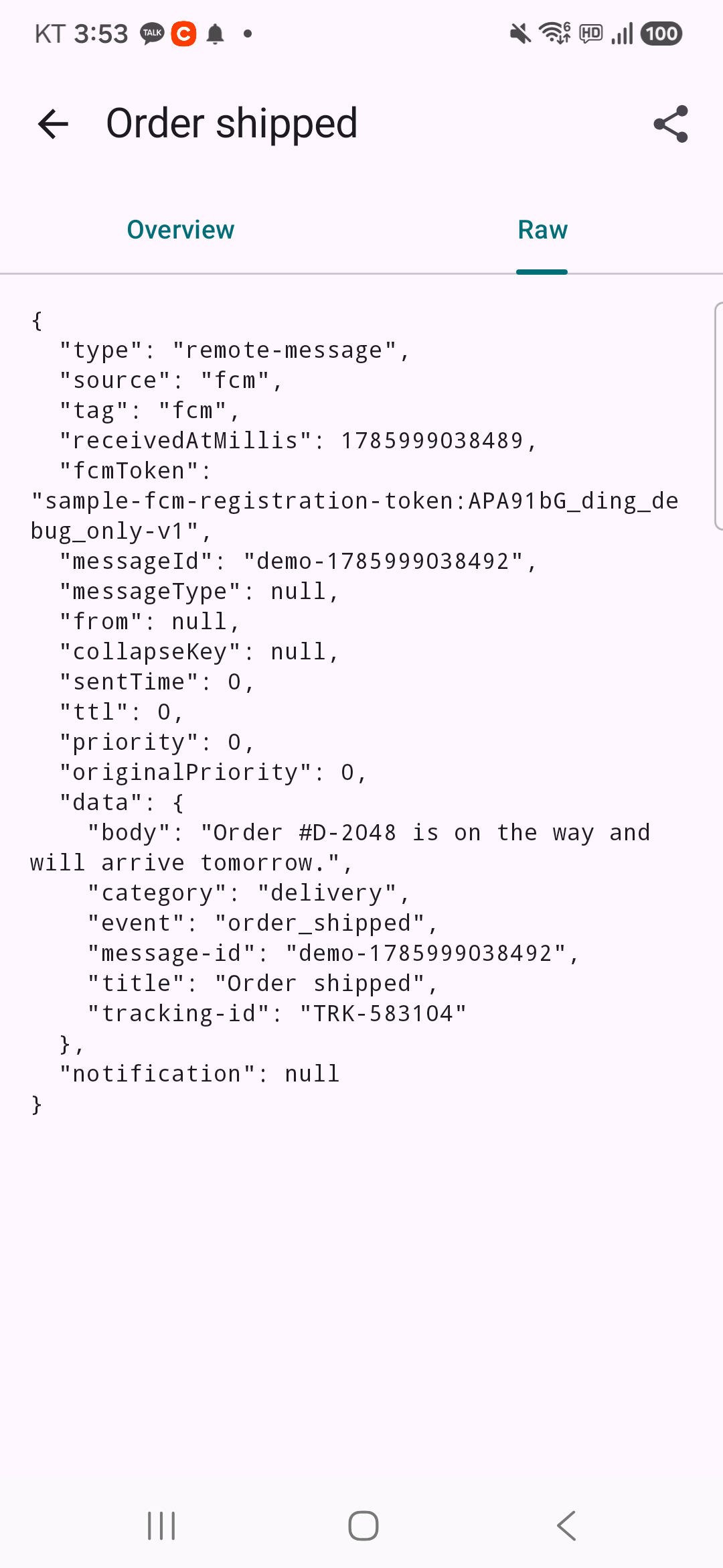 Raw notification JSON payload