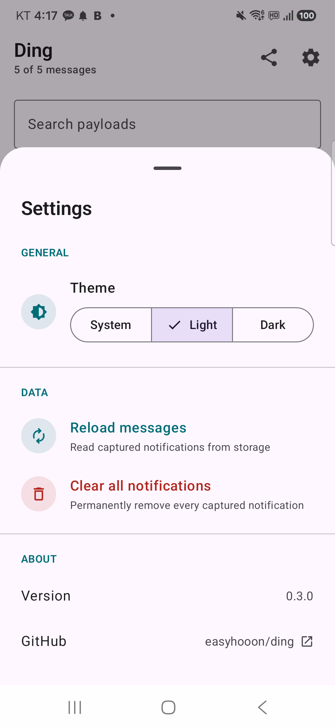 Ding settings sheet