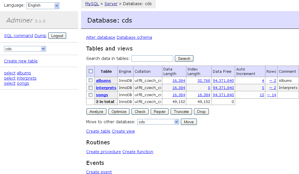 Adminer screenshot 1