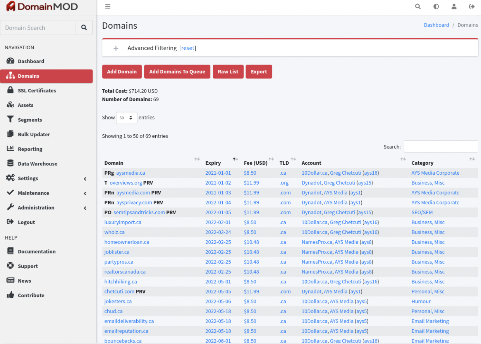 DomainMod screenshot 1