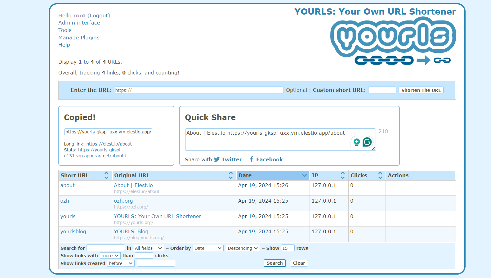 YOURLS screenshot 1