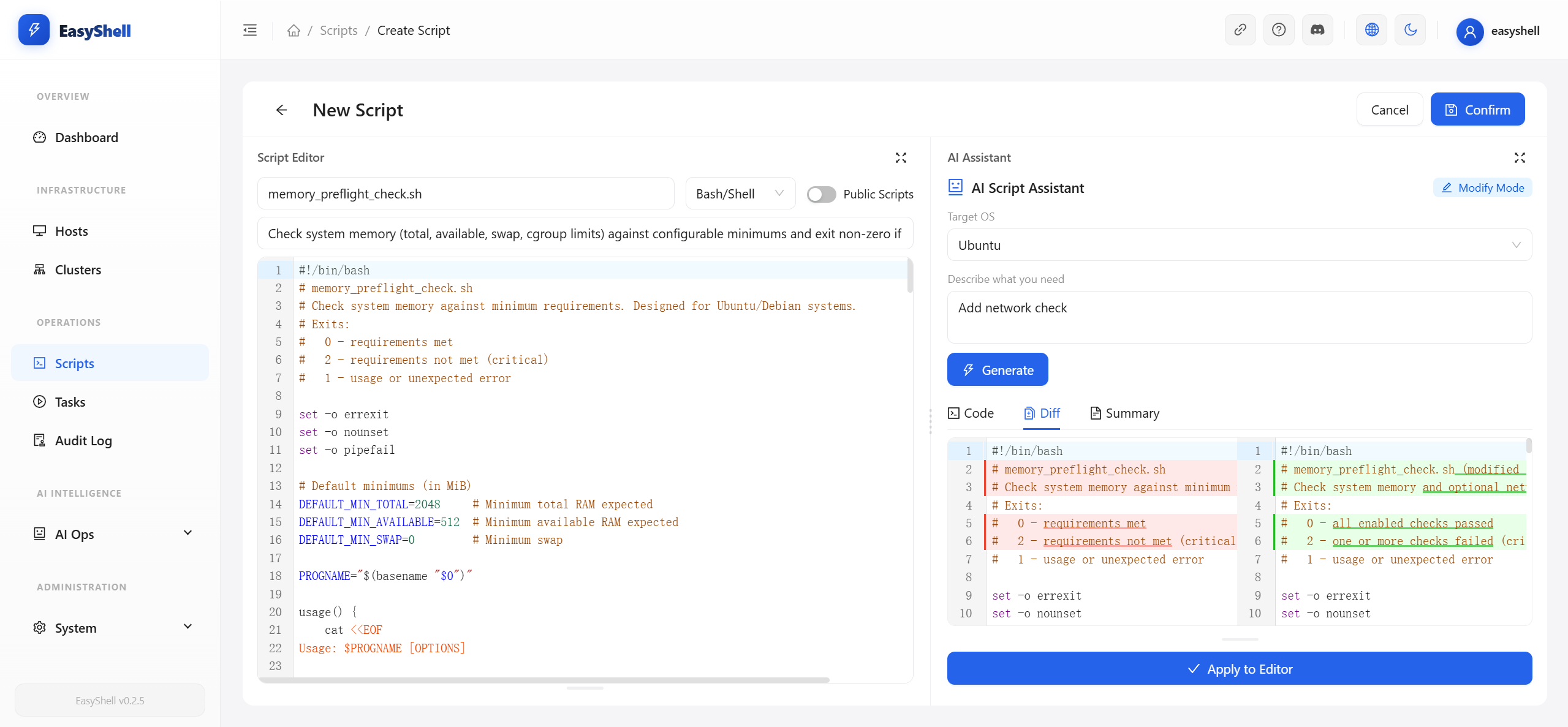 AI Script Assistant — live code generation with diff review