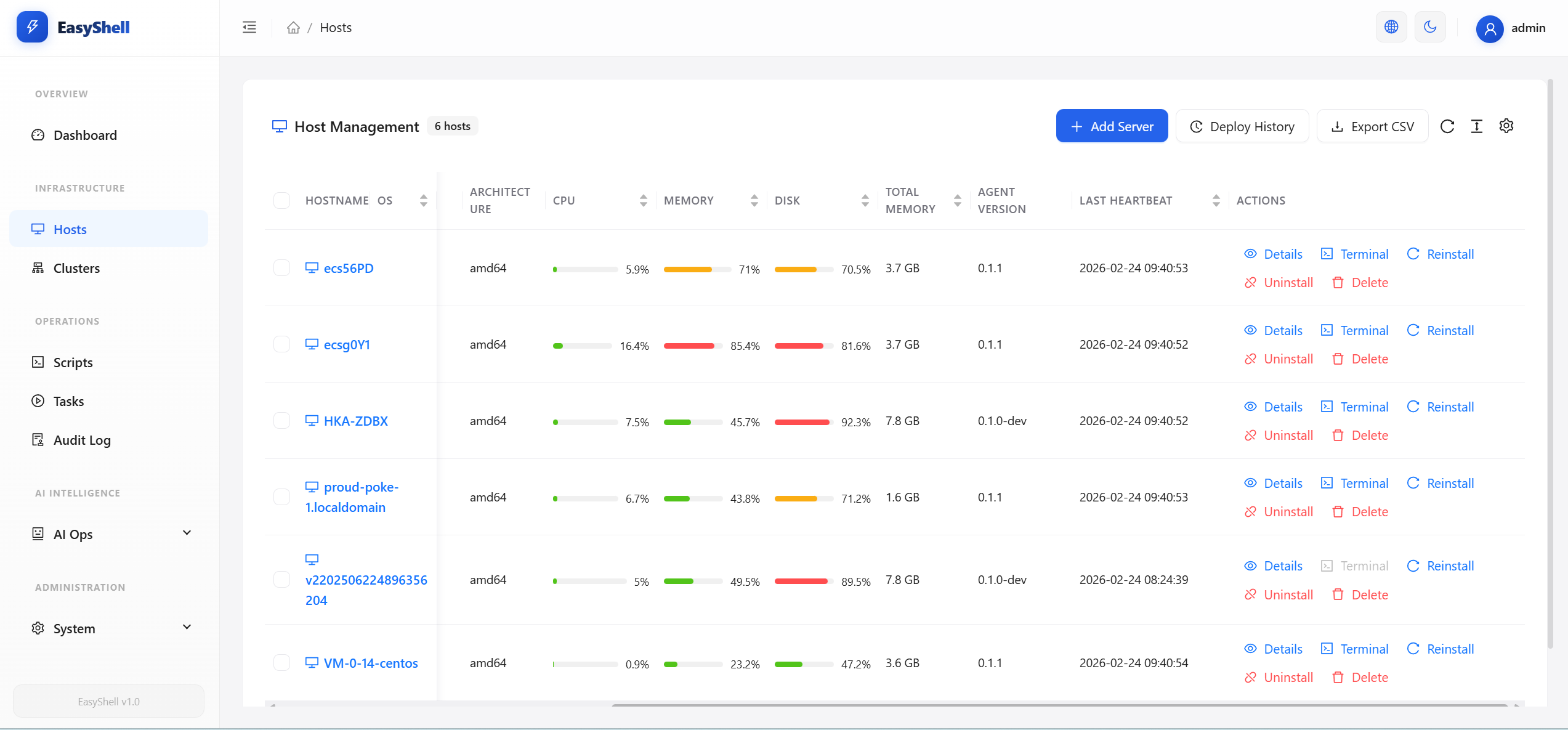 Host Management — unified server dashboard with batch operations