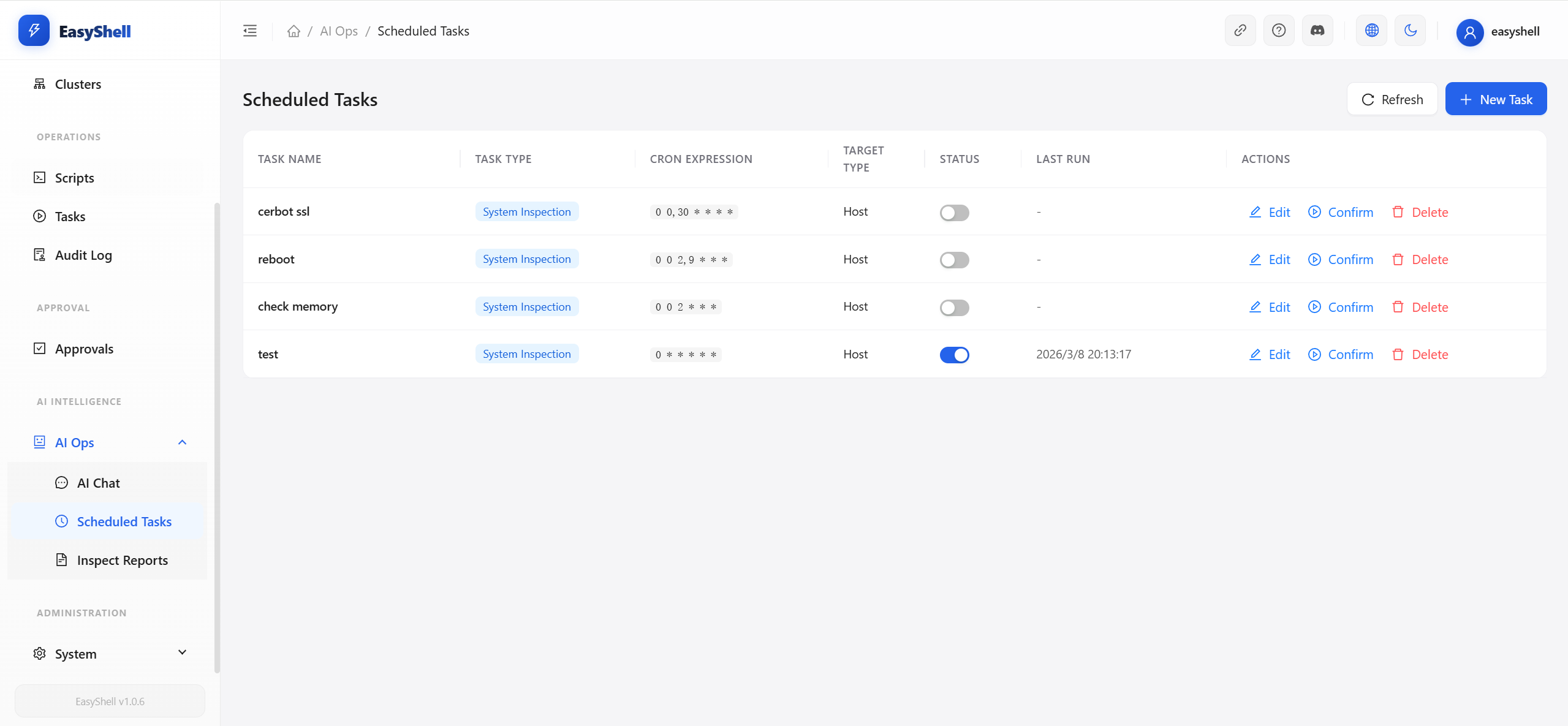 AI Scheduled Inspections — cron-based tasks with AI-powered output analysis and intelligent alerting