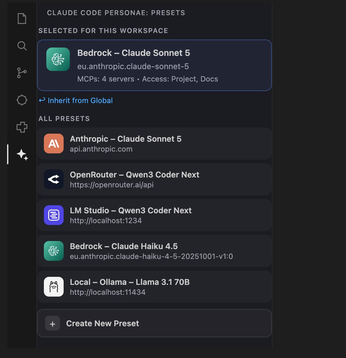 The preset switcher in the VS Code sidebar